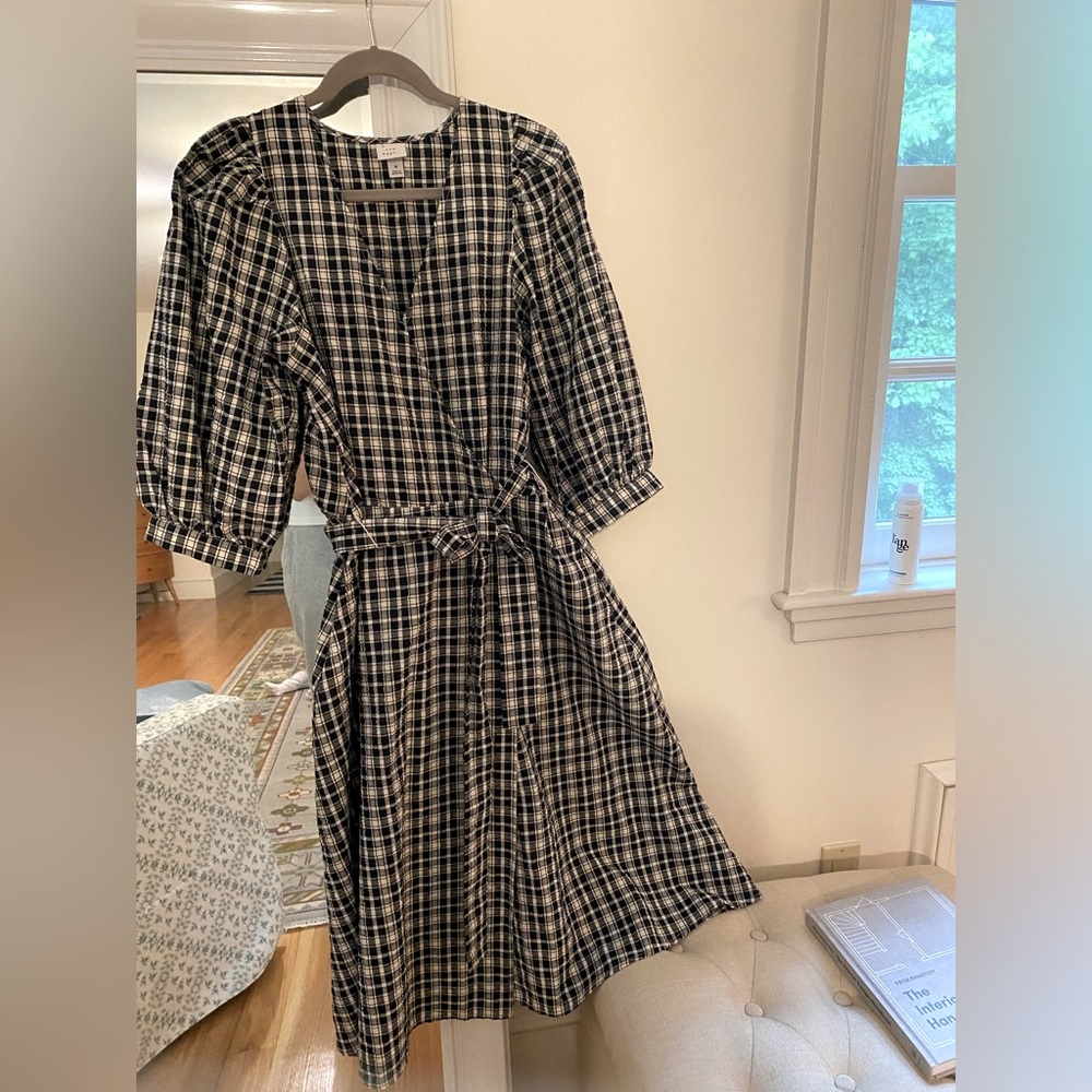 A New Day Black & White Midi Faux Wrap Tie-Waist Dress